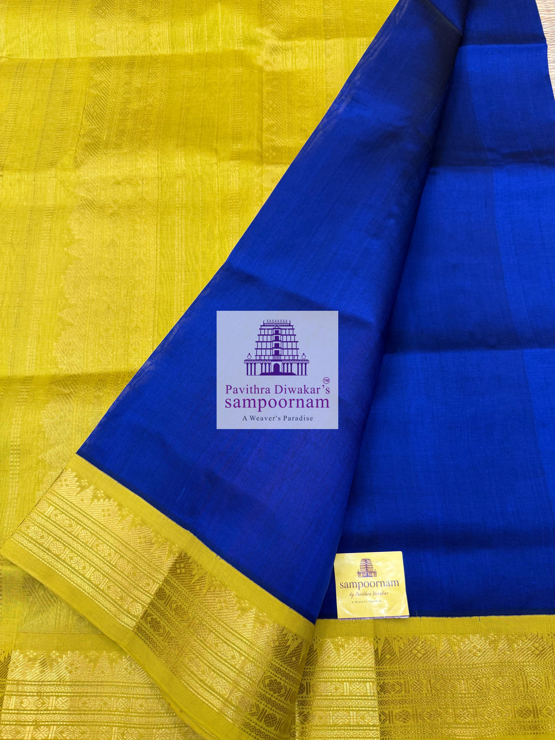 MS Blue with Lemon green  , traditional borders and rich Pallu Korvai Silk Cotton Saree