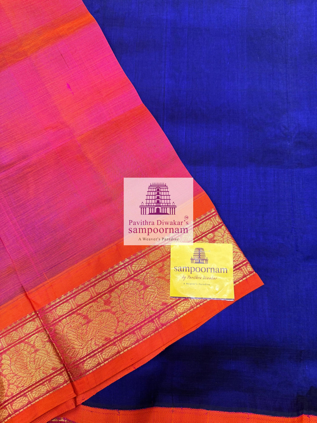 MS Blue with Orangish Pink , traditional borders and rich Pallu Korvai Silk Cotton Saree