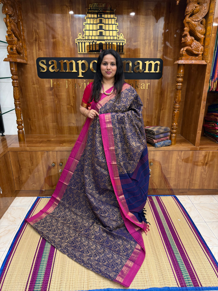 Indigo Blue with Pink , Rich Vanasingaram thread motif in the body , Traditional borders and Plain Pallu Chettinad Cottton Saree