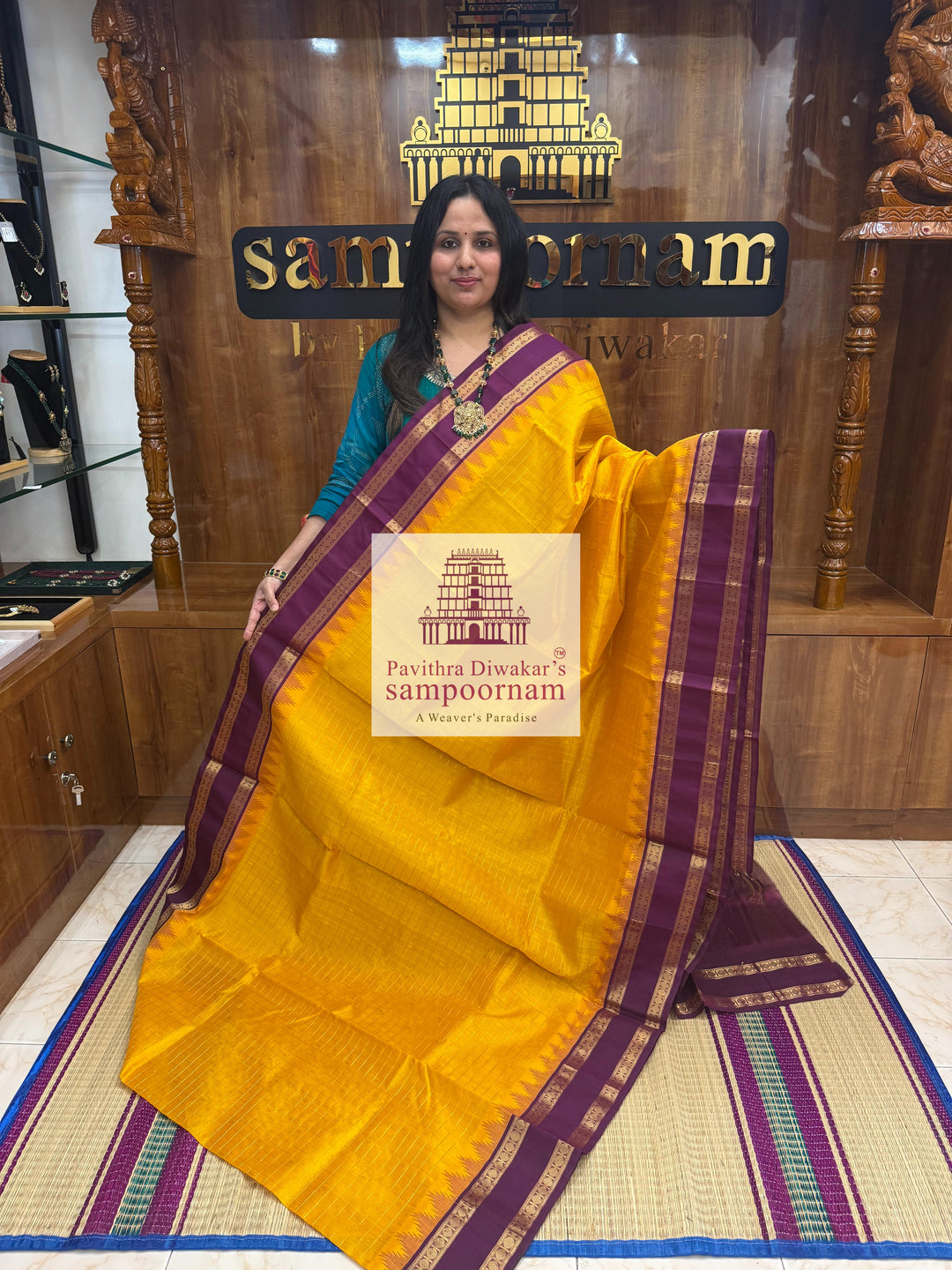 Mambazha Manjal with Araku Zari checks in the body , temple border and grand Pallu Korvai Silk Cotton Saree
