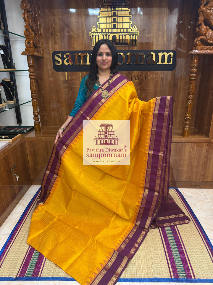 Mambazha Manjal with Araku Zari checks in the body , temple border and grand Pallu Korvai Silk Cotton Saree