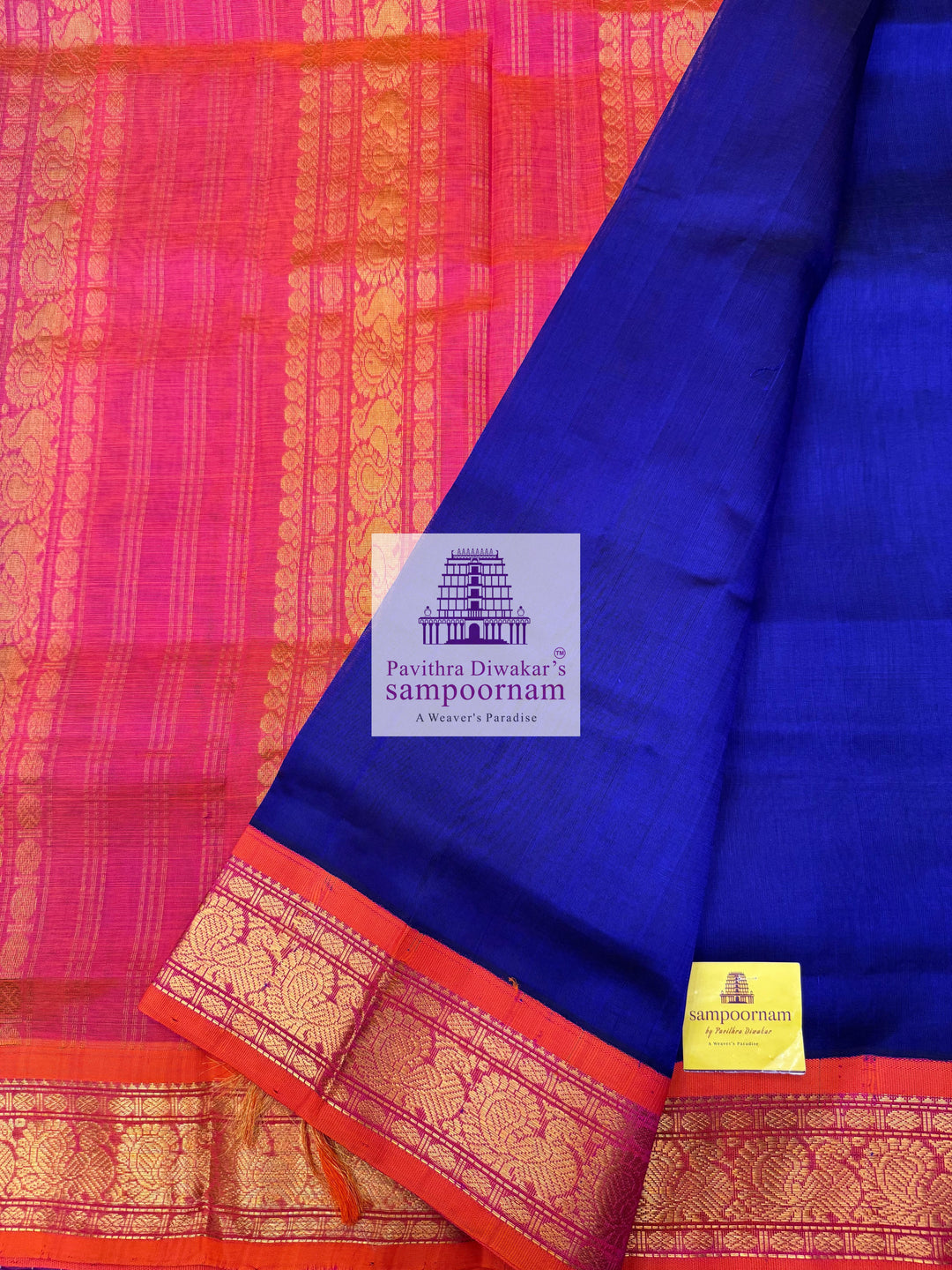 MS Blue with Orangish Pink , traditional borders and rich Pallu Korvai Silk Cotton Saree