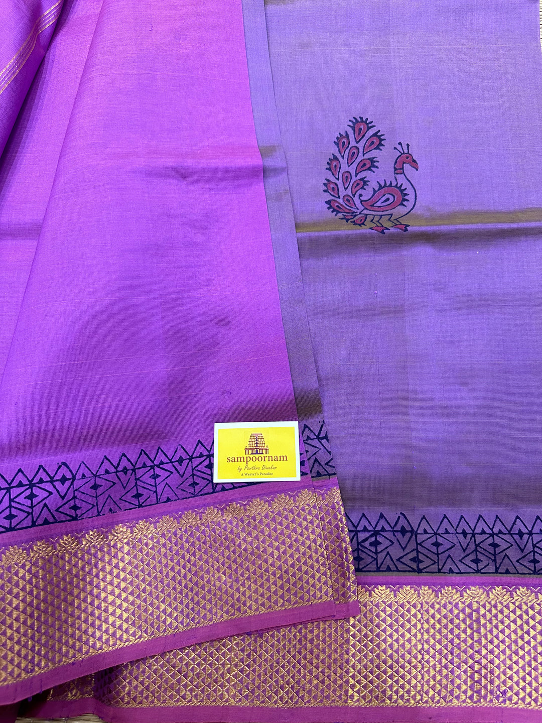 Lilac Colour Handblock Printed Silk Cotton Saree