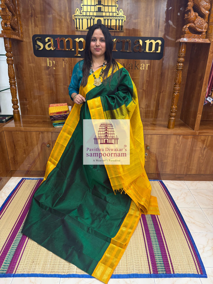 Dark Green with Mustard , rettapet border and grand Pallu Silk Cotton Saree