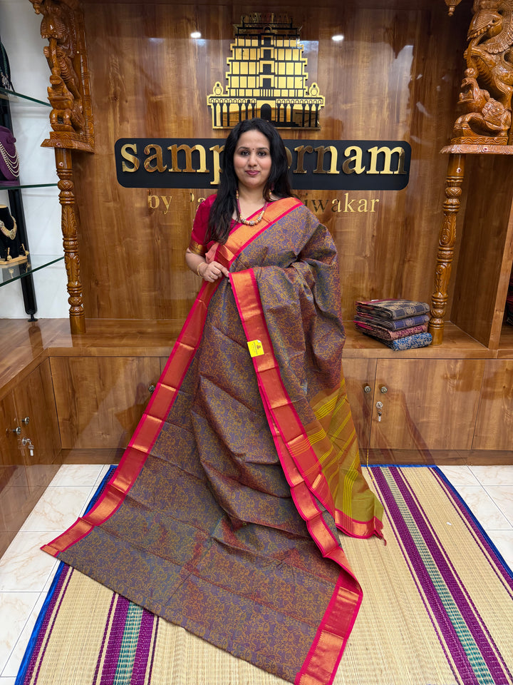 Manthulir Green with Pink ,  Rich Blue  Vanasingaram thread motif in the body , Traditional borders and Plain Pallu Chettinad Cottton Saree