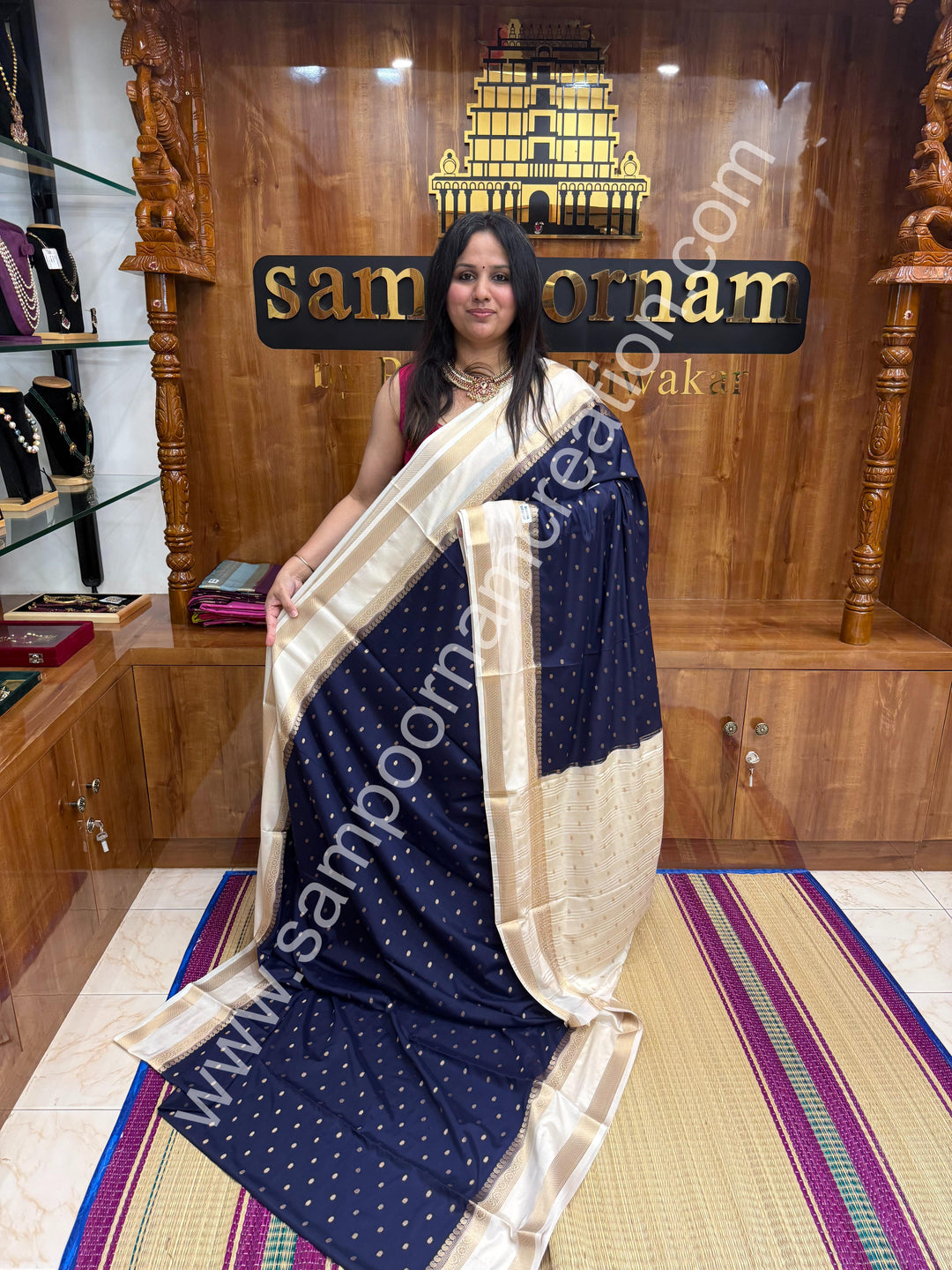 Night Blue with Cream  , Rich Rettapet Borders and Pallu Semi Mysore Silk Saree