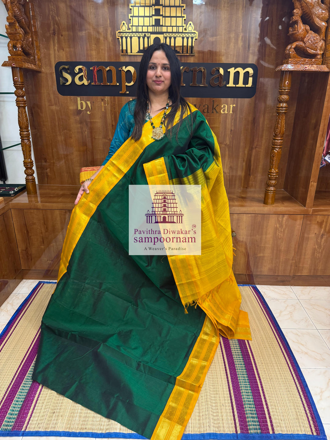 Dark Green with Mustard , rettapet border and grand Pallu Silk Cotton Saree