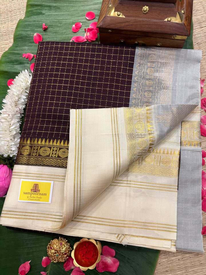 Brown with Offwhite Korvai Zari Body Checks Silk Cotton Saree