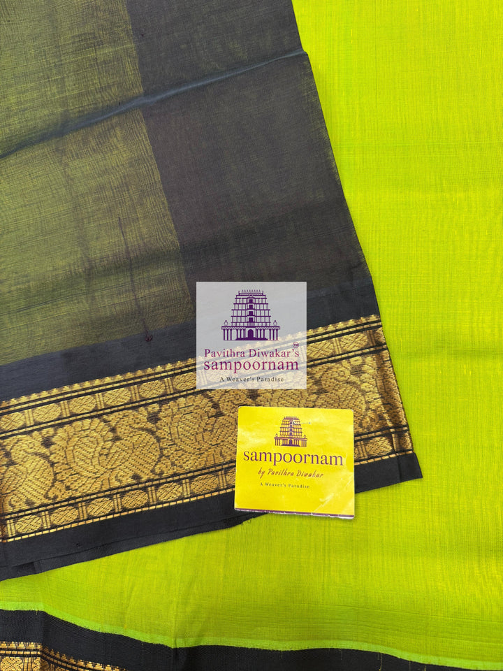 Parrot Green with Dark Brown , traditional borders and rich Pallu Korvai Silk Cotton Saree