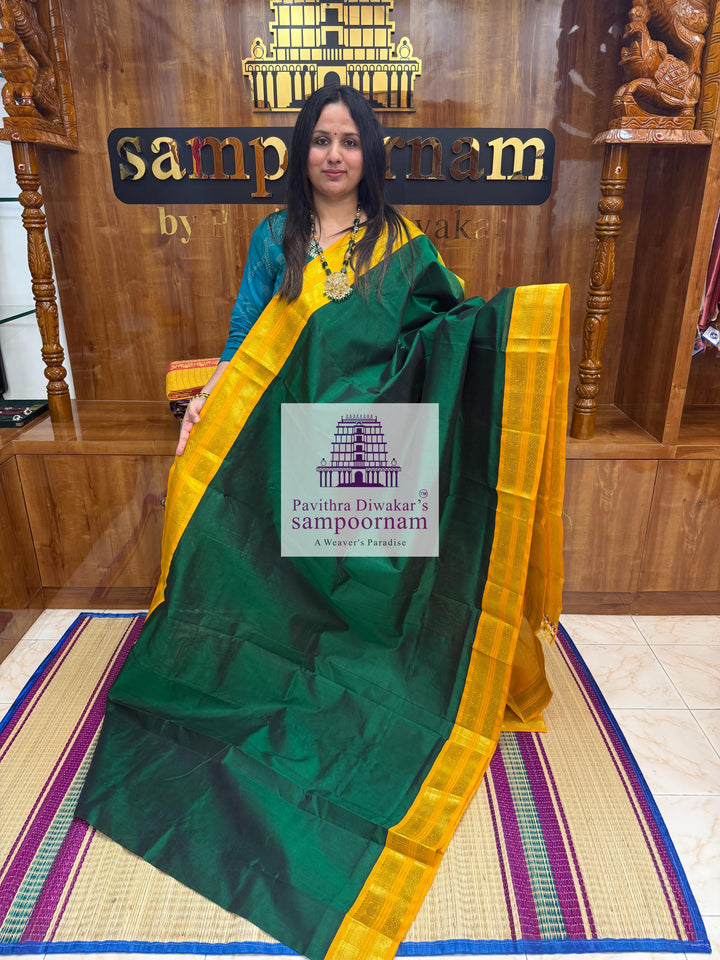 Dark Green with Mustard , rettapet border and grand Pallu Silk Cotton Saree