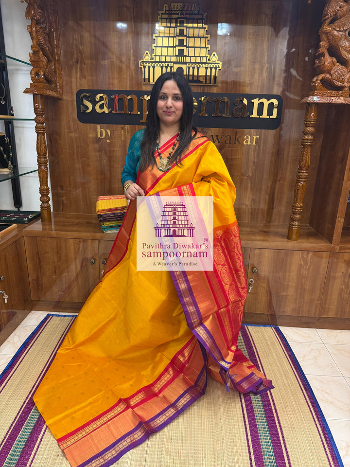Mambazha Manjal with Red , one side Triple long Tissue border and rich Pallu Korvai Silk Cotton Saree