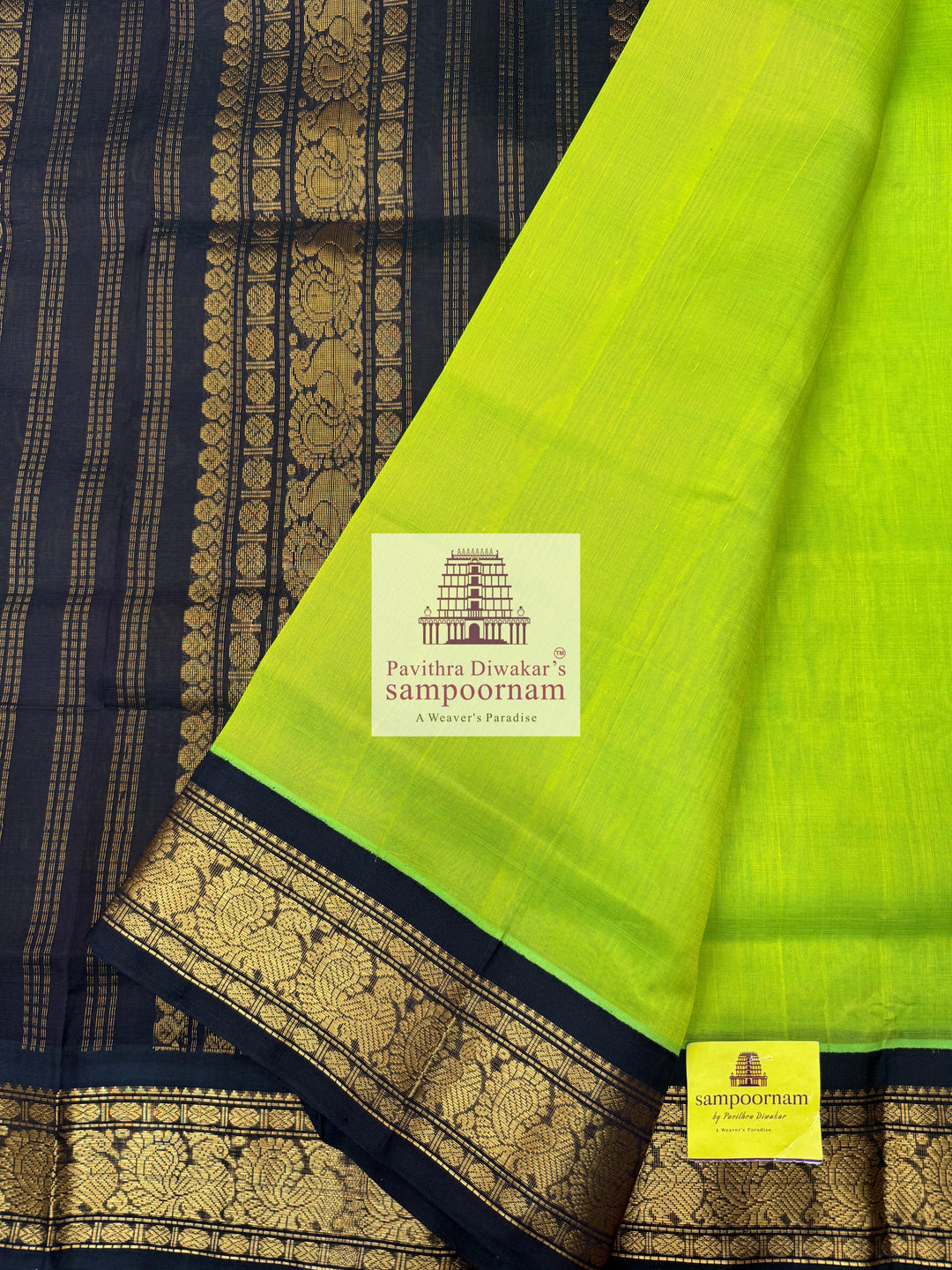 Parrot Green with Dark Brown , traditional borders and rich Pallu Korvai Silk Cotton Saree