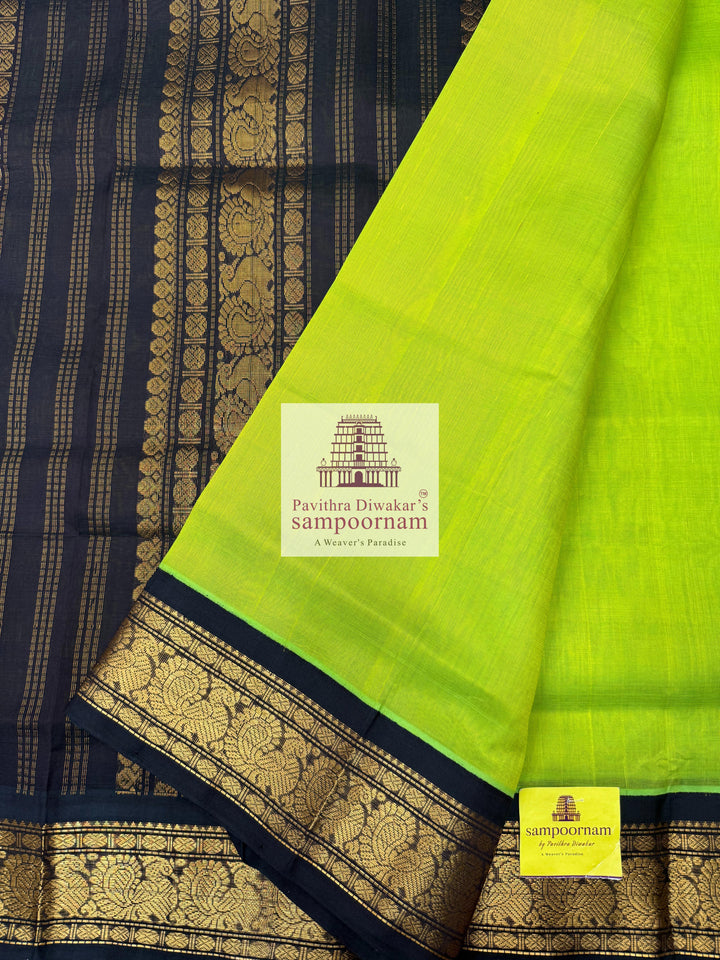 Parrot Green with Dark Brown , traditional borders and rich Pallu Korvai Silk Cotton Saree