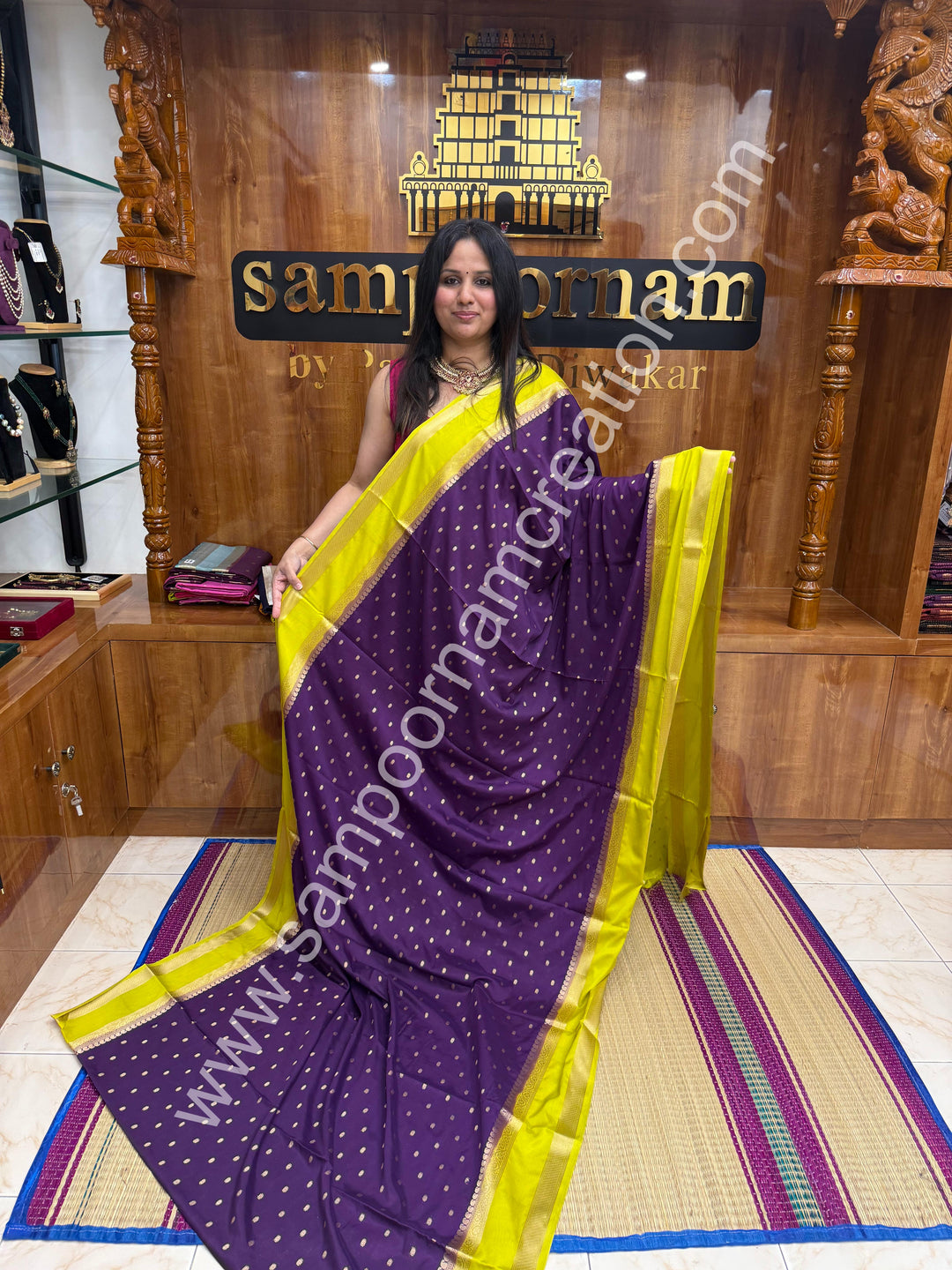 Dark Jamun with Lemon Yellow  , Rich Rettapet Borders and Pallu Semi Mysore Silk Saree
