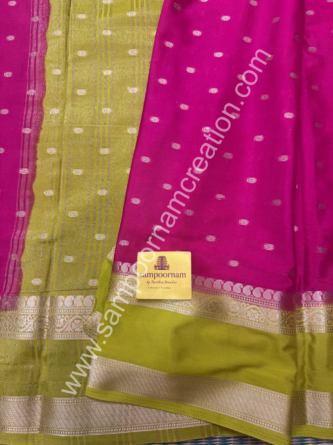Rani Pink with Lemon Green  , Rich Rettapet Borders and Pallu Semi Mysore Silk Saree