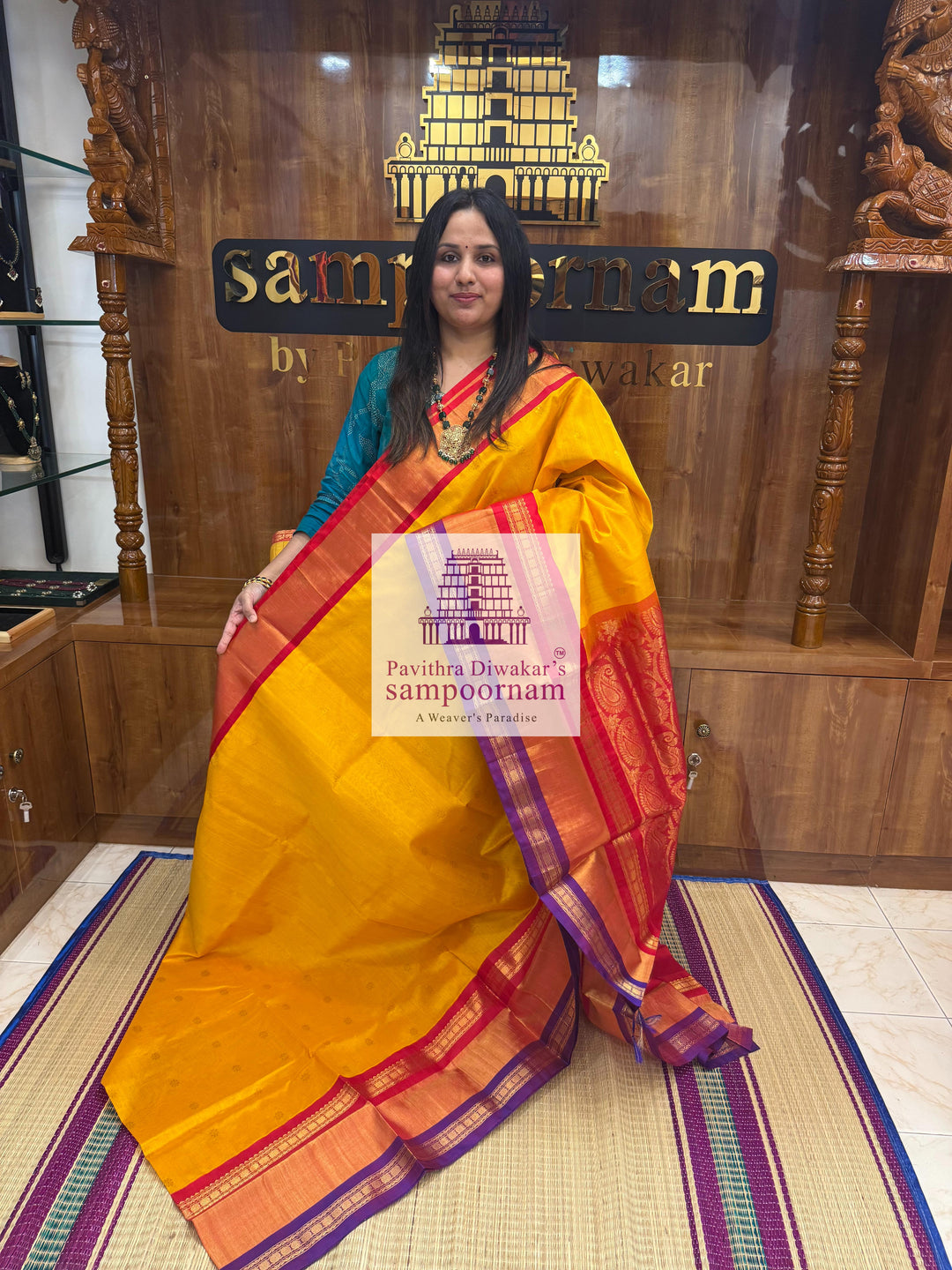 Mambazha Manjal with Red , one side Triple long Tissue border and rich Pallu Korvai Silk Cotton Saree