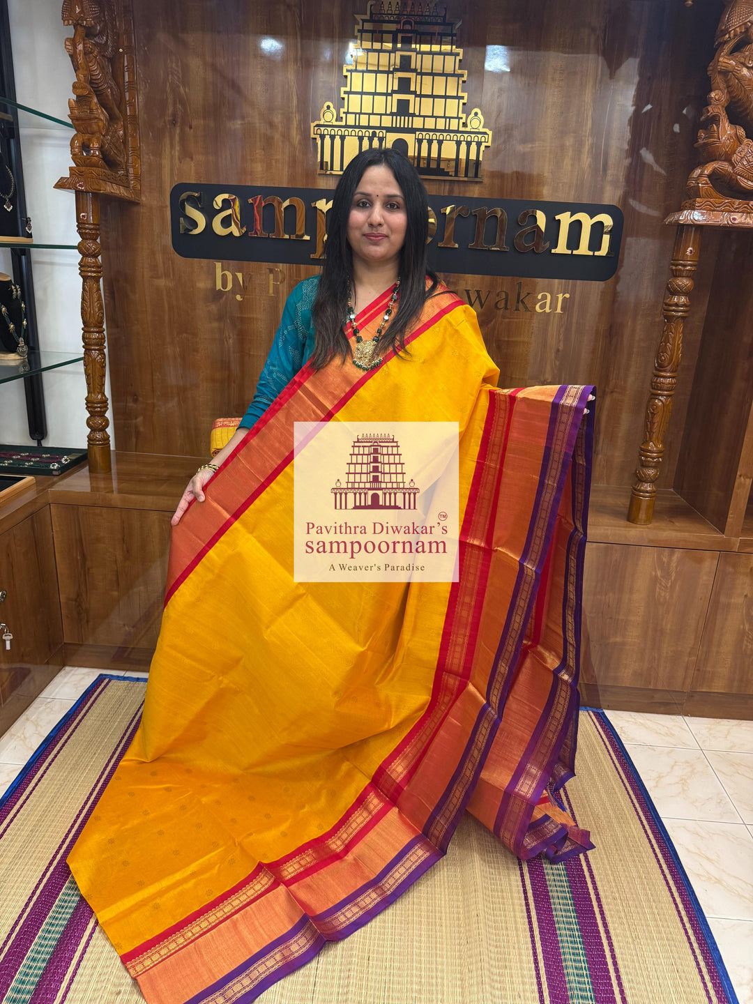 Mambazha Manjal with Red , one side Triple long Tissue border and rich Pallu Korvai Silk Cotton Saree