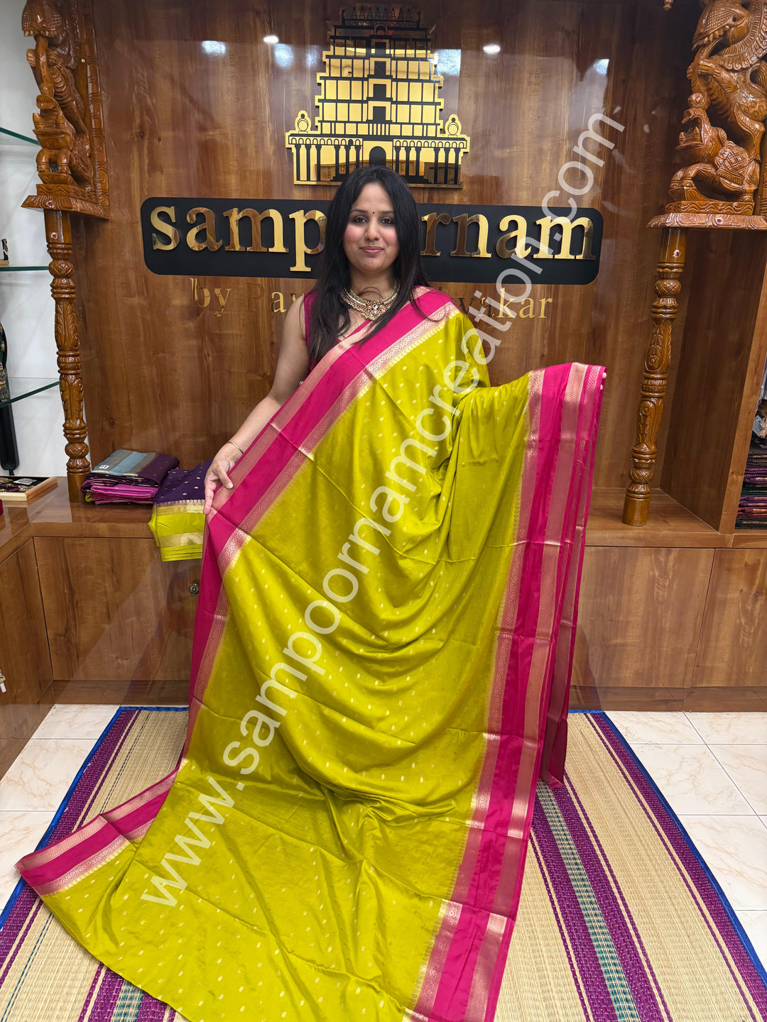 Lemon Green with Rani Pink  , Rich Rettapet Borders and Pallu Semi Mysore Silk Saree