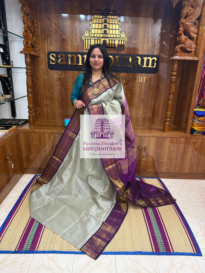 Light Grey with Purple , Kanchi traditional borders and rich Pallu Korvai Silk Cotton Saree