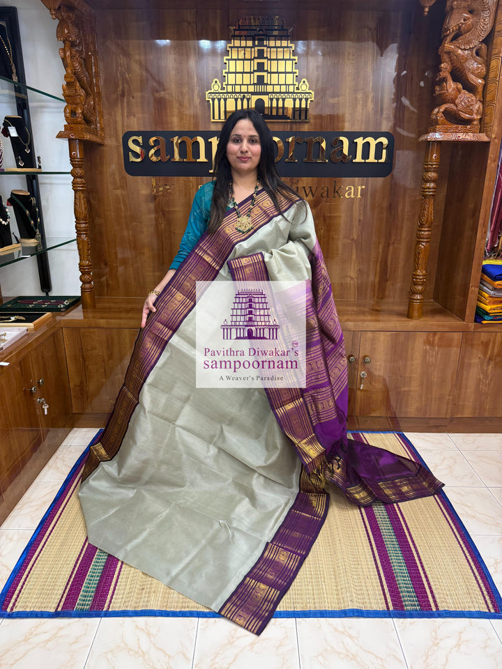 Light Grey with Purple , Kanchi traditional borders and rich Pallu Korvai Silk Cotton Saree