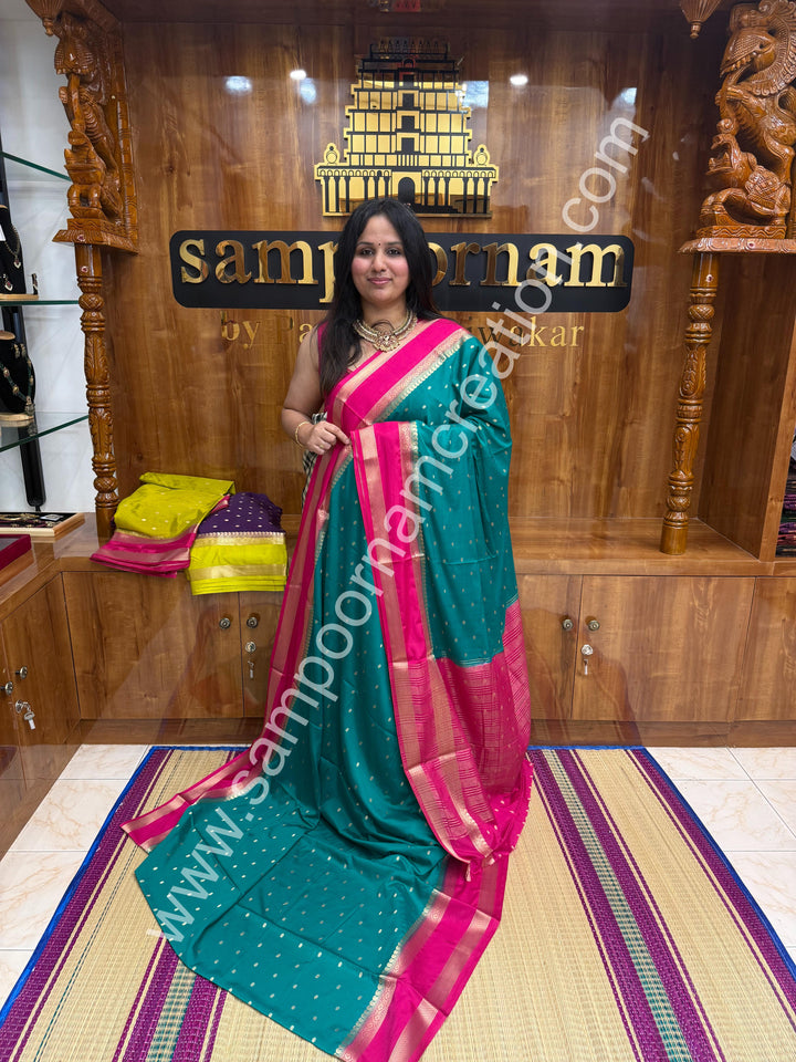 Jade Green with Rani Pink  , Rich Rettapet Borders and Pallu Semi Mysore Silk Saree