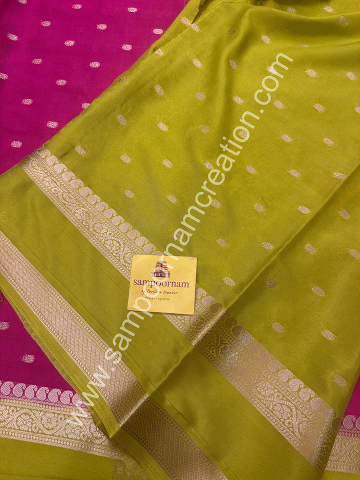 Rani Pink with Lemon Green  , Rich Rettapet Borders and Pallu Semi Mysore Silk Saree