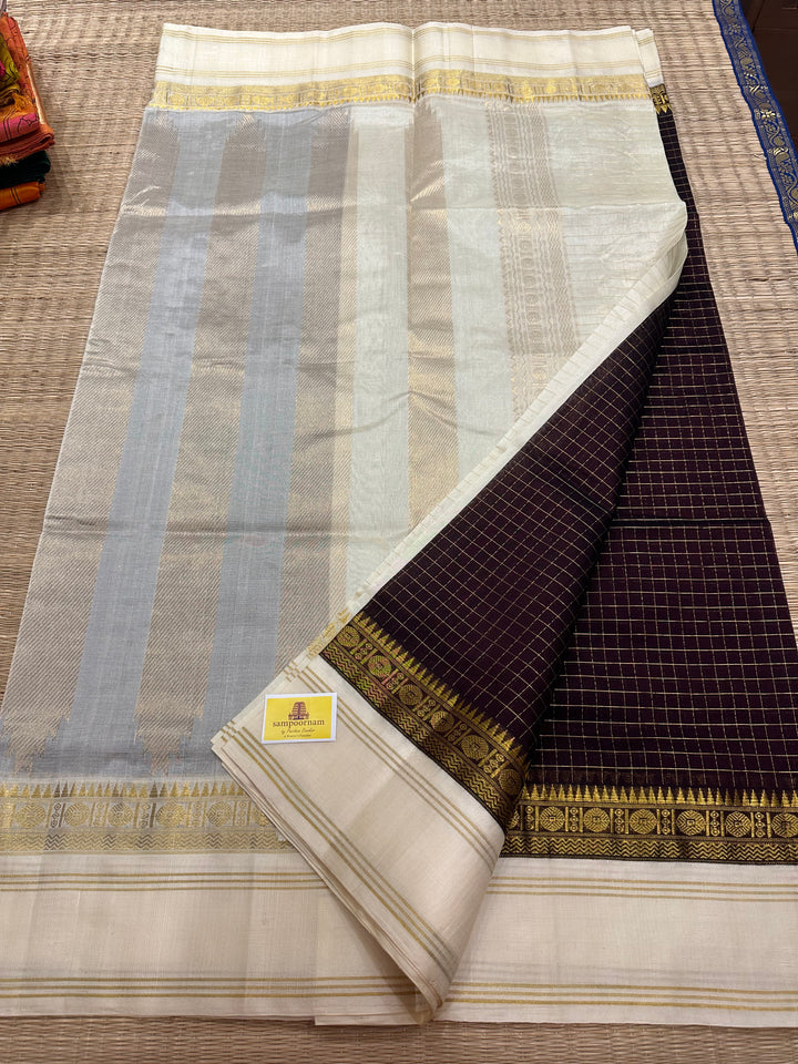 Brown with Offwhite Korvai Zari Body Checks Silk Cotton Saree