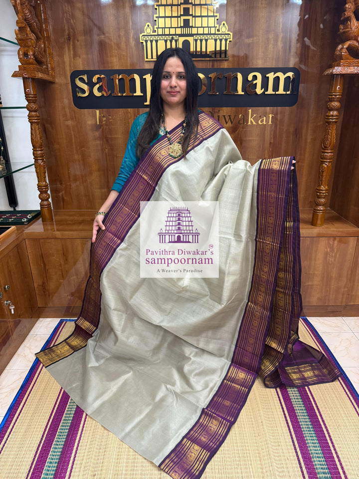 Light Grey with Purple , Kanchi traditional borders and rich Pallu Korvai Silk Cotton Saree