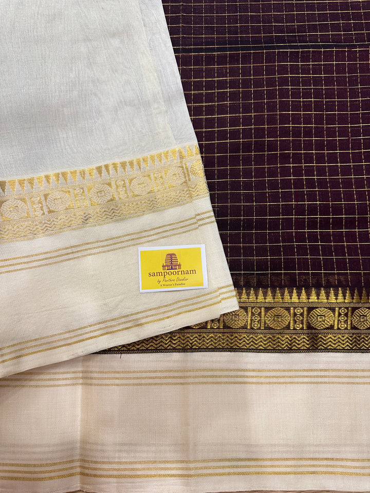 Brown with Offwhite Korvai Zari Body Checks Silk Cotton Saree