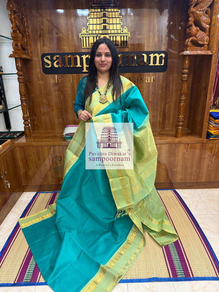 Light Blue with Pastel Green , rettapet border and rich Pallu Korvai Silk Cotton Saree
