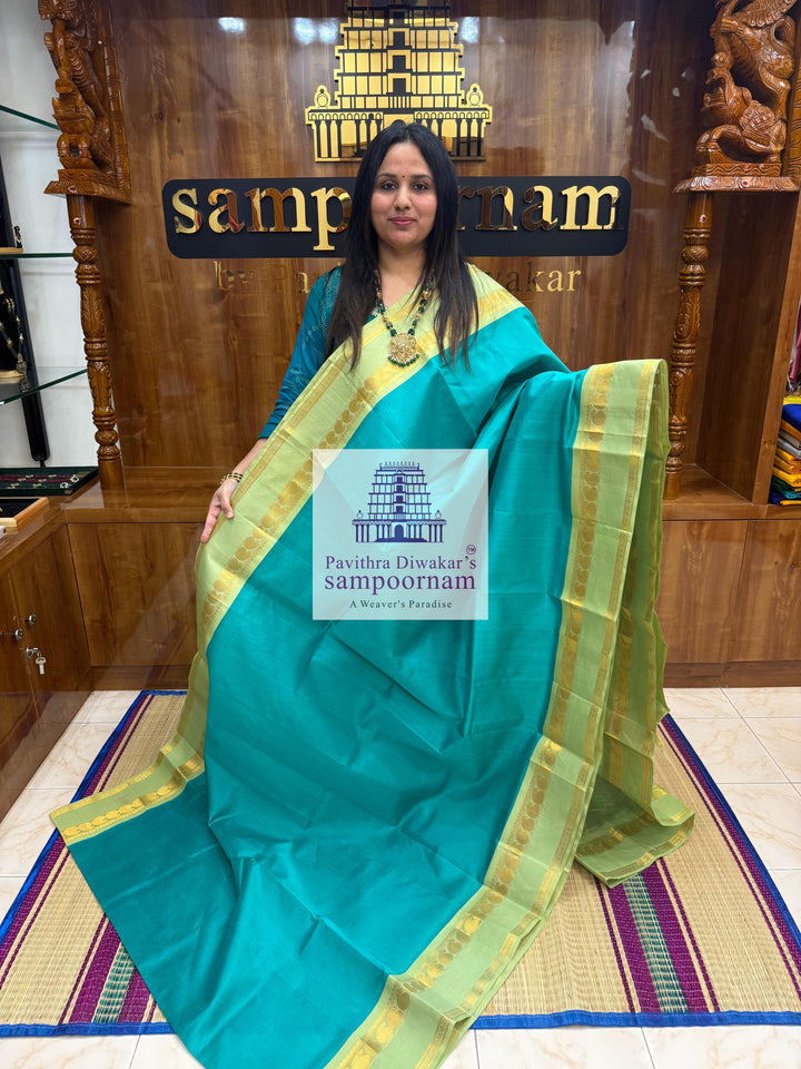 Light Blue with Pastel Green , rettapet border and rich Pallu Korvai Silk Cotton Saree