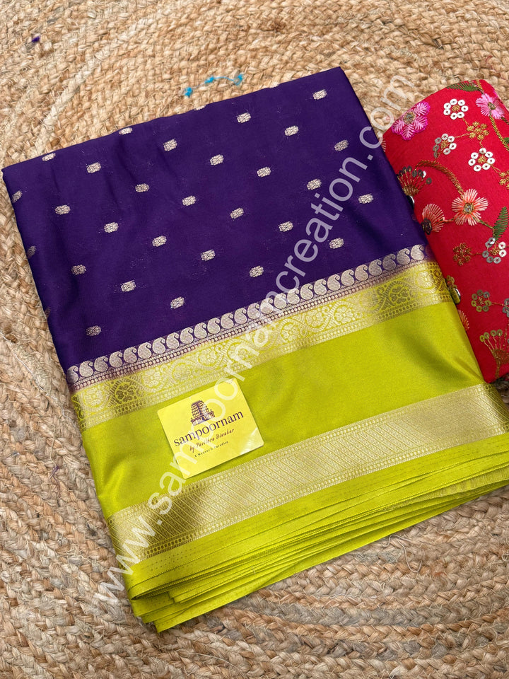 Dark Jamun with Lemon Yellow  , Rich Rettapet Borders and Pallu Semi Mysore Silk Saree