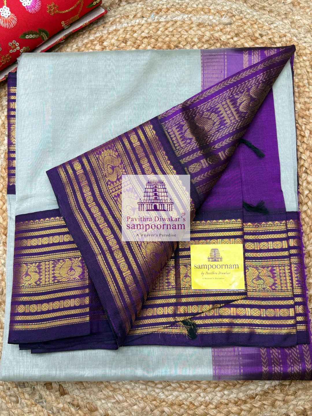 Light Grey with Purple , Kanchi traditional borders and rich Pallu Korvai Silk Cotton Saree