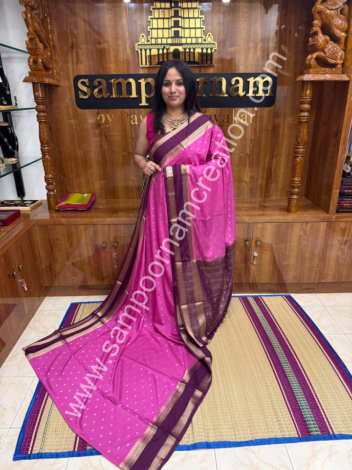 Deep Pink with Plum  , Rich Rettapet Borders and Pallu Semi Mysore Silk Saree