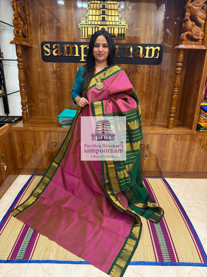 Double shaded Magenta with Green , traditional borders and rich Pallu Korvai Silk Cotton Saree