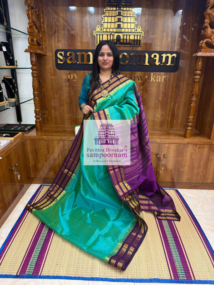 Ramar Blue with Purple , Temple design with rettapet border and rich Pallu Korvai Silk Cotton Saree
