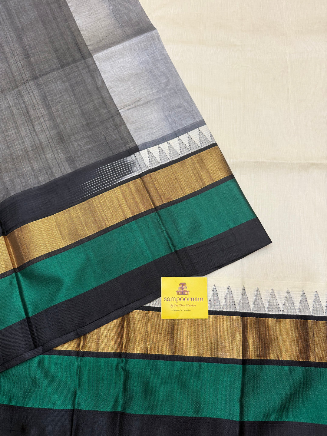 White with Black , Triple Temple Borders and rich Pallu Korvai Silk Cotton Saree