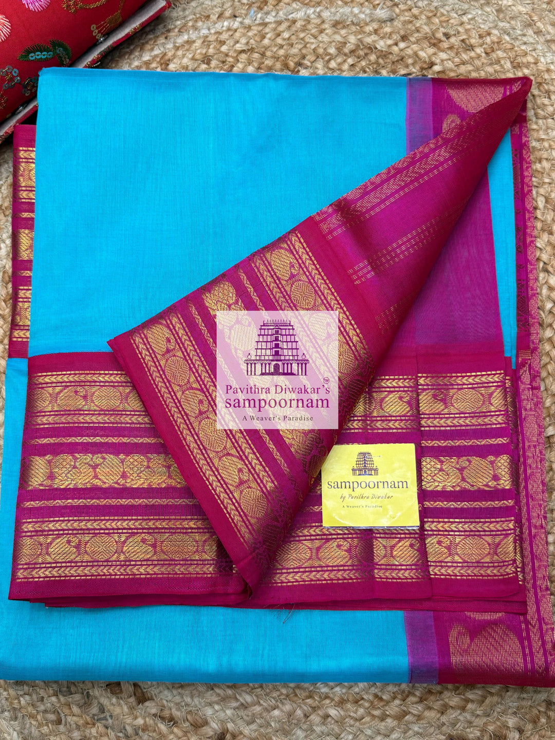 Light Blue with Pink , Kanchi traditonal borders and rich Pallu Korvai Silk Cotton Saree