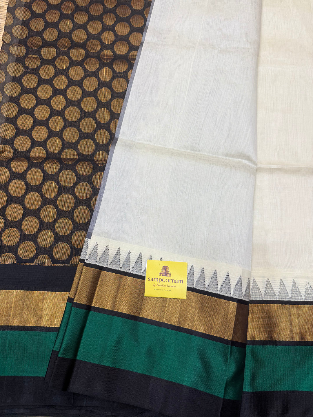 White with Black , Triple Temple Borders and rich Pallu Korvai Silk Cotton Saree