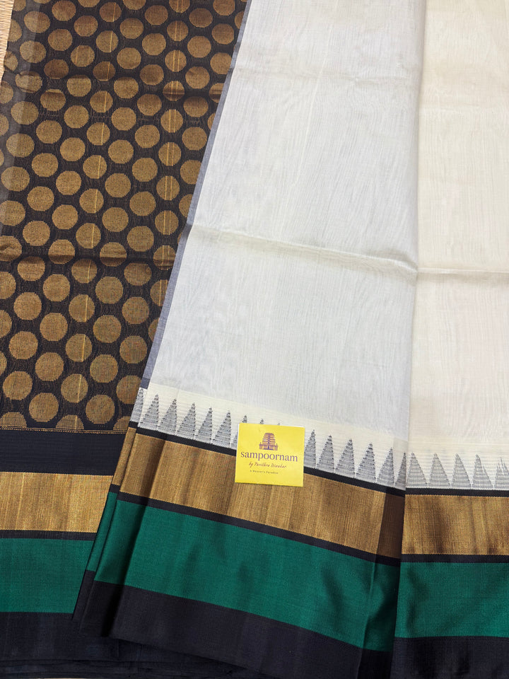 White with Black , Triple Temple Borders and rich Pallu Korvai Silk Cotton Saree