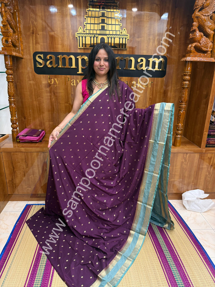 Deep Jamun with Steel Gray  , Rich Rettapet Borders and Pallu Semi Mysore Silk Saree