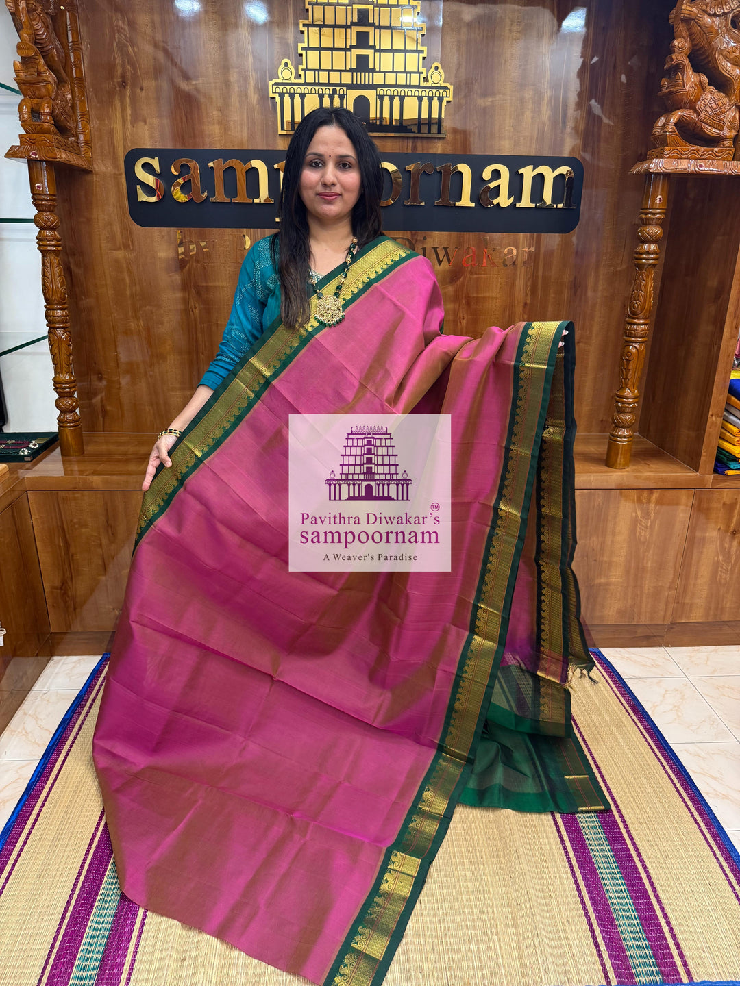Double shaded Magenta with Green , traditional borders and rich Pallu Korvai Silk Cotton Saree