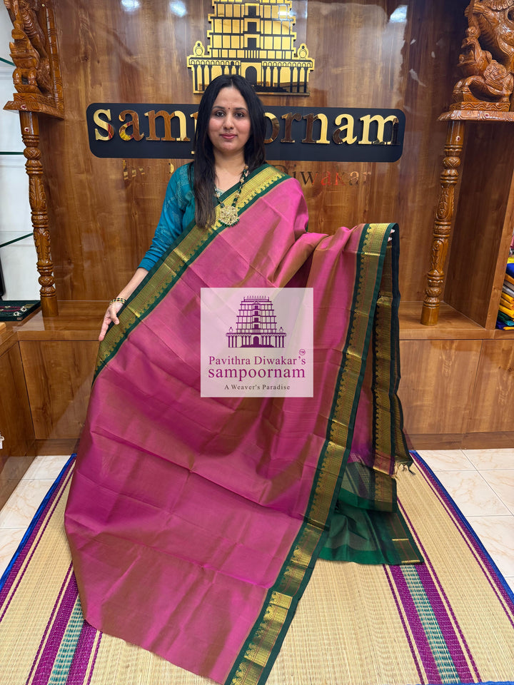 Double shaded Magenta with Green , traditional borders and rich Pallu Korvai Silk Cotton Saree