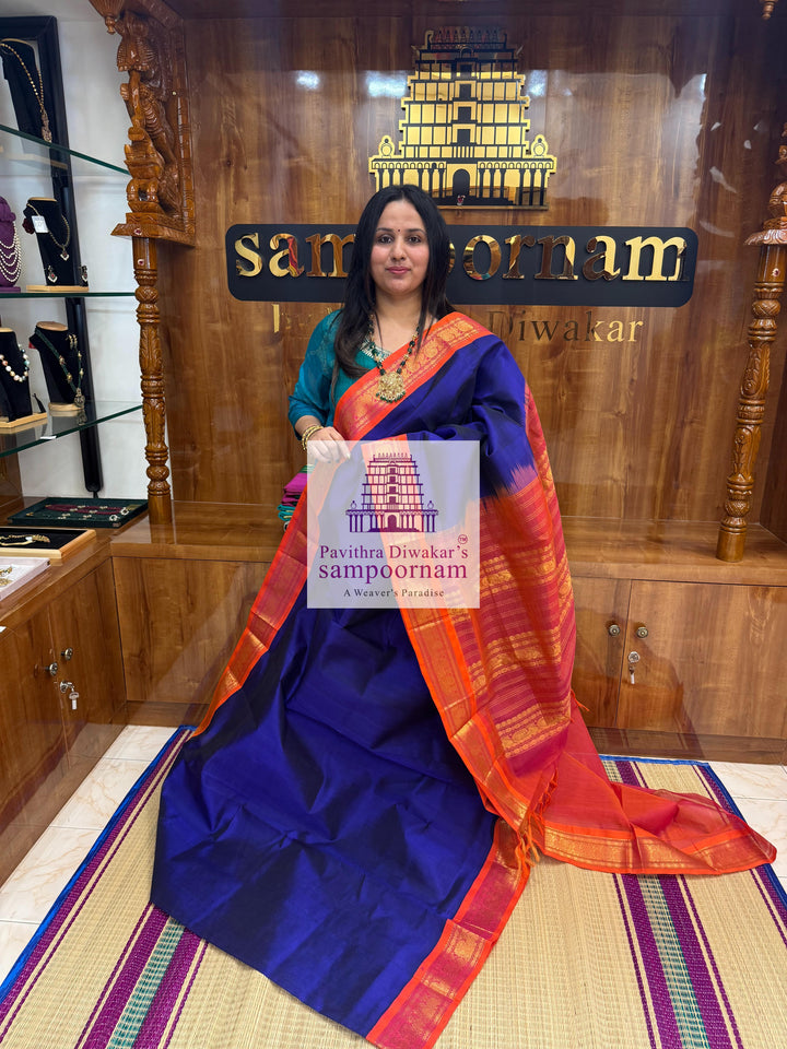 MS Blue with Orangish Pink , traditional borders and rich Pallu Korvai Silk Cotton Saree