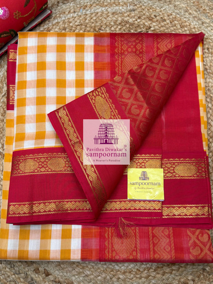 Manjal & White with Red Pallum Pazham Kattam , rettapet border and grand Pallu Korvai Silk Cotton Saree