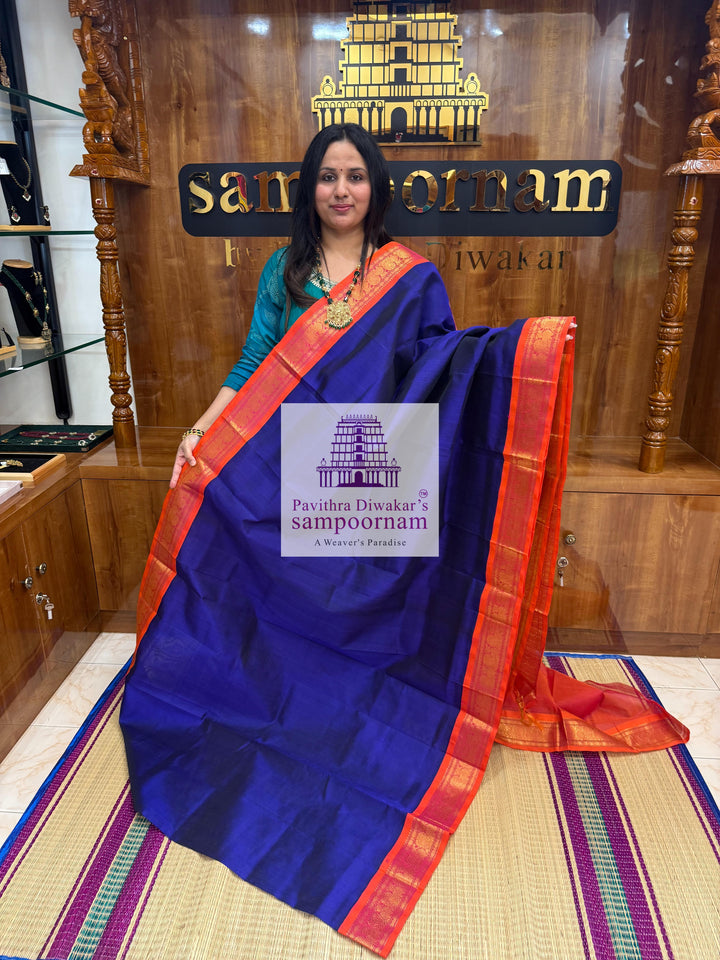 MS Blue with Orangish Pink , traditional borders and rich Pallu Korvai Silk Cotton Saree