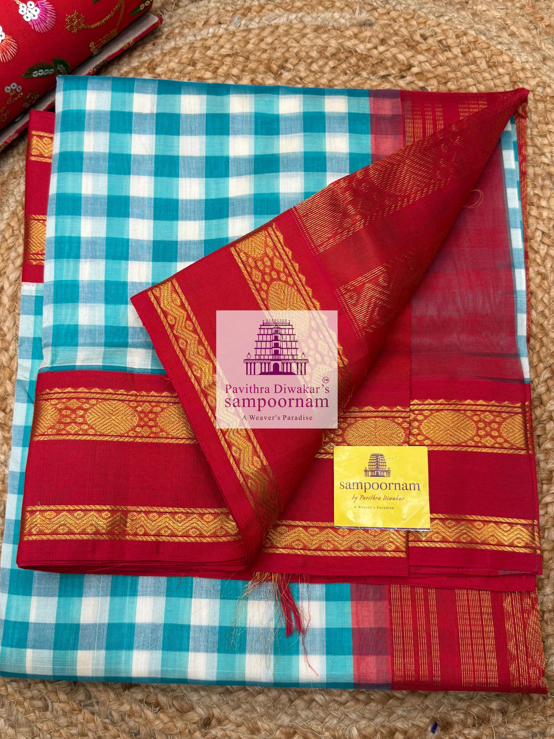 Blue & White with Red Pallum Pazham Kattam , rettapet border and grand Pallu Korvai Silk Cotton Saree