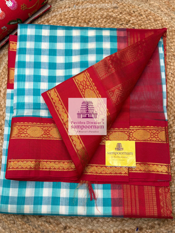 Blue & White with Red Pallum Pazham Kattam , rettapet border and grand Pallu Korvai Silk Cotton Saree