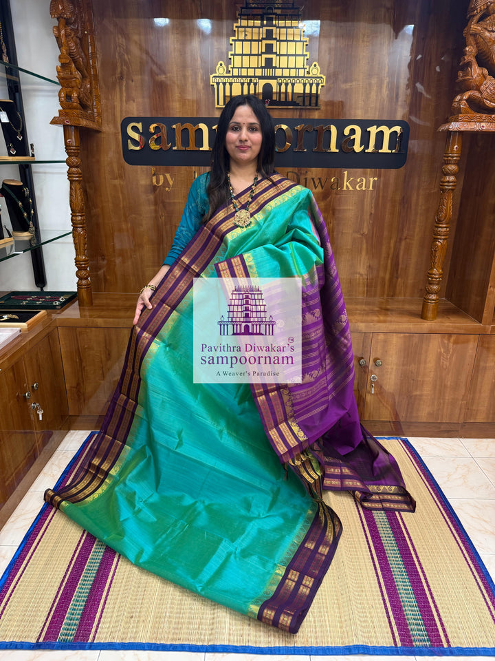 Ramar Blue with Purple , Temple design with rettapet border and rich Pallu Korvai Silk Cotton Saree