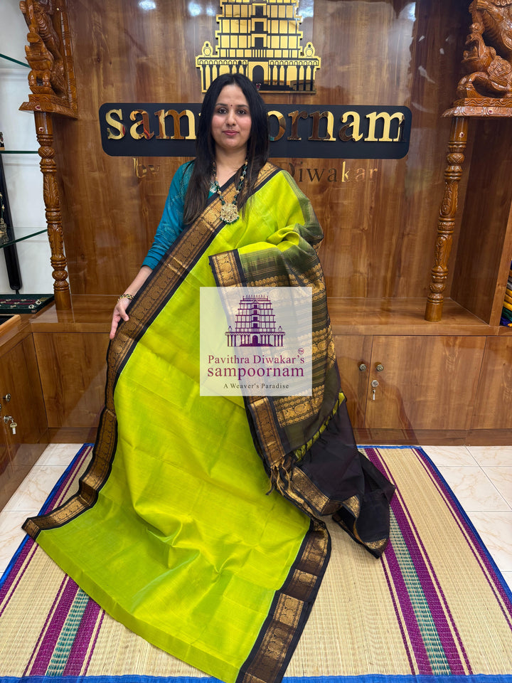 Parrot Green with Dark Brown , traditional borders and rich Pallu Korvai Silk Cotton Saree